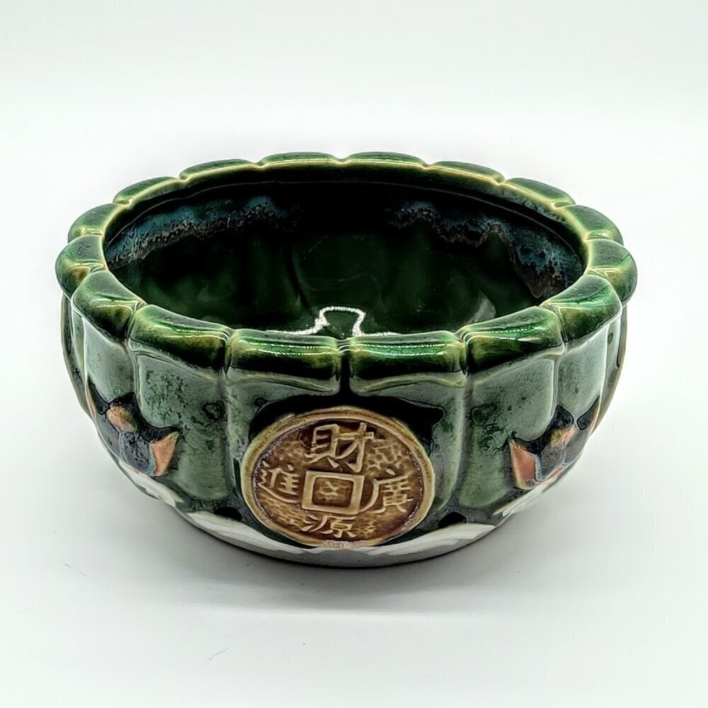 Asian Green Majolica Ceramic Round Planter